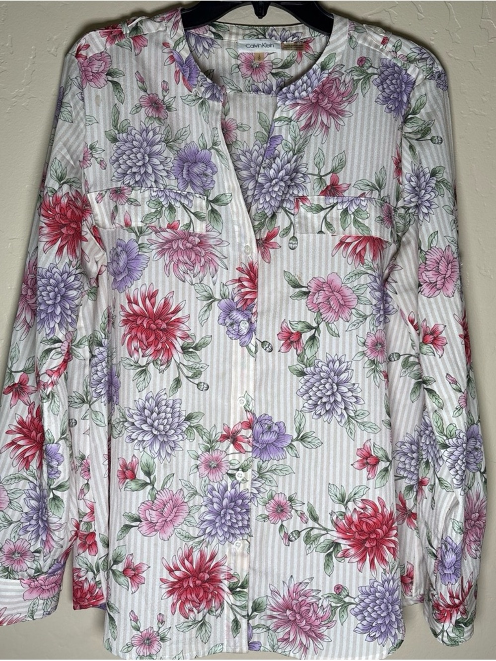 Calvin Klein Floral Button-Front Blouse in White, Red, Pink, Purple